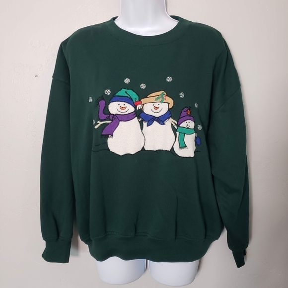 Vintage Tops - Nutcracker Vintage Women's Sweatshirt Dark Green Snowmen Snowflake Winter Top